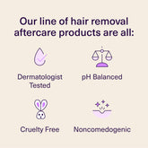 Our line of hair removal aftercare products are all dermatologist tested, pH balanced, cruelty free, and noncomedogenic.