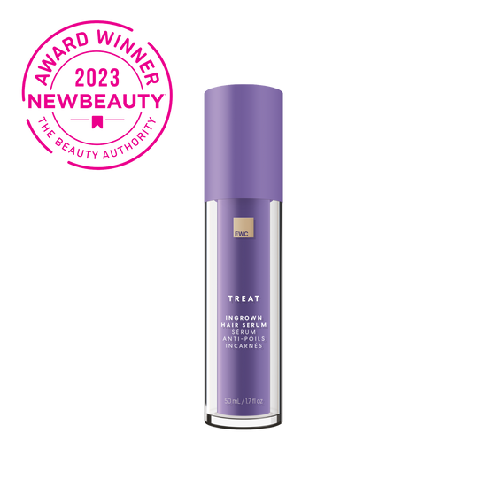 EWC TREAT Ingrown Hair Serum bottle (50mL) with 'Award Winner 2023 New Beauty' badge.