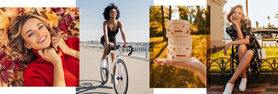 Collage of a woman in a red sweater, a woman on a bike, a hand holding limited edition pumpkin products, and a woman sitting on a park fence.