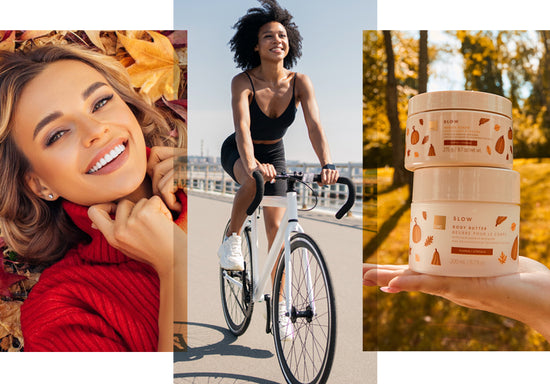 Collage of a woman in a red sweater, a woman on a bike, and a hand holding limited edition pumpkin products.