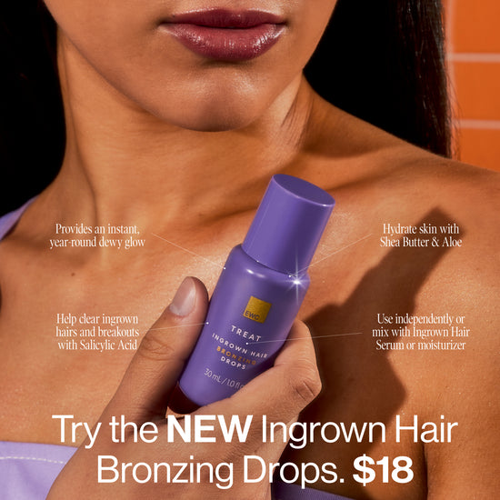 A woman holds a bottle of Ingrown Hair Bronzing Drops. Full benefits in the product description.