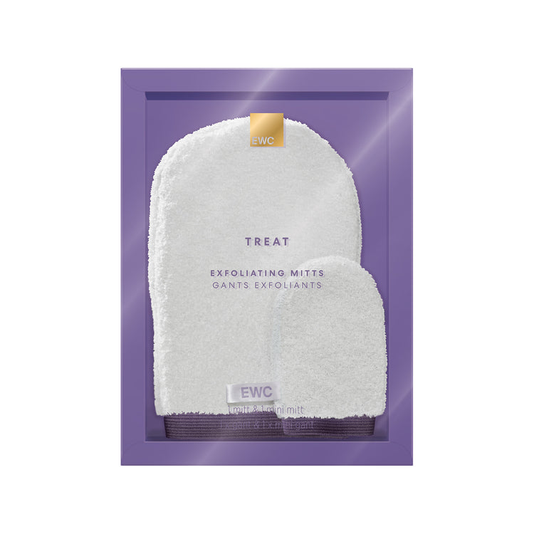 European Wax Center white Treat Exfoliating Mitts in purple box on white background