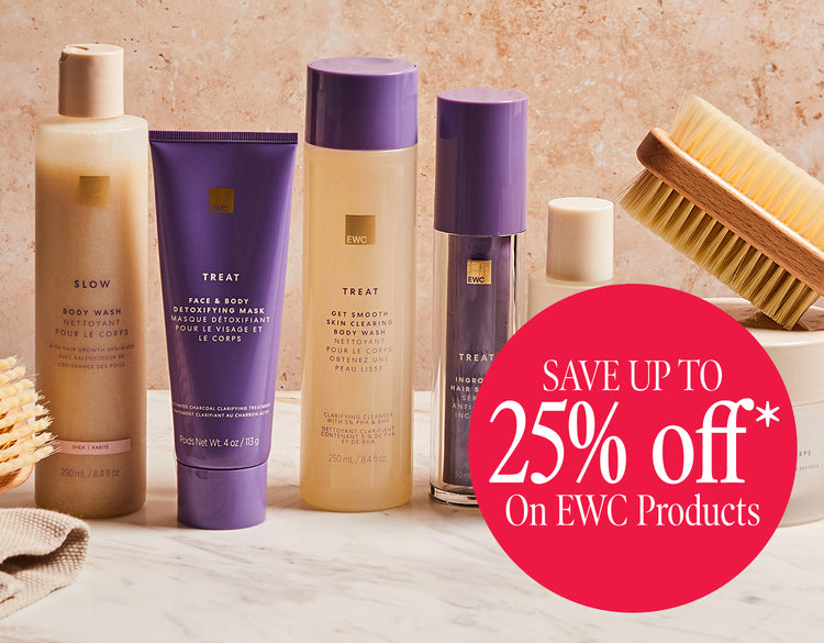 Collection of EWC skincare products, on sale now for up to 25% off.