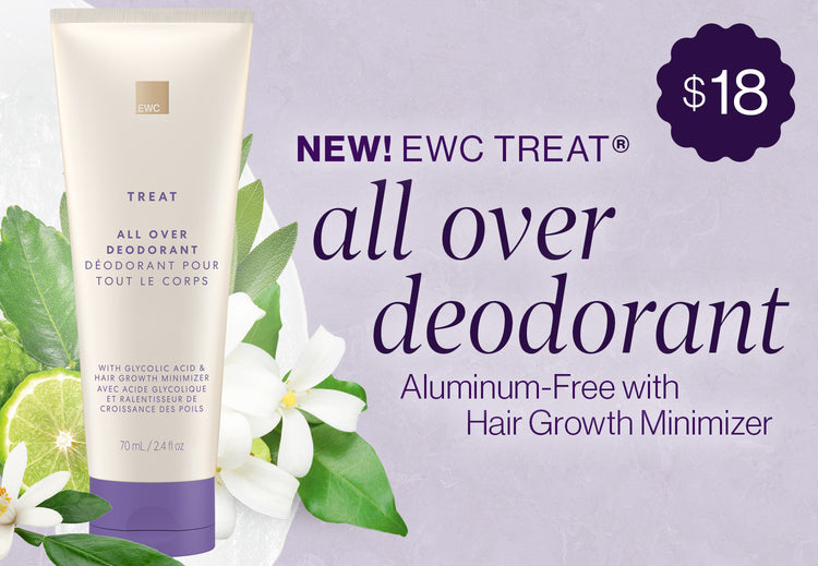 Ad for New EWC Treat All Over Deodorant, $18, aluminum-free with hair growth minimizer. 