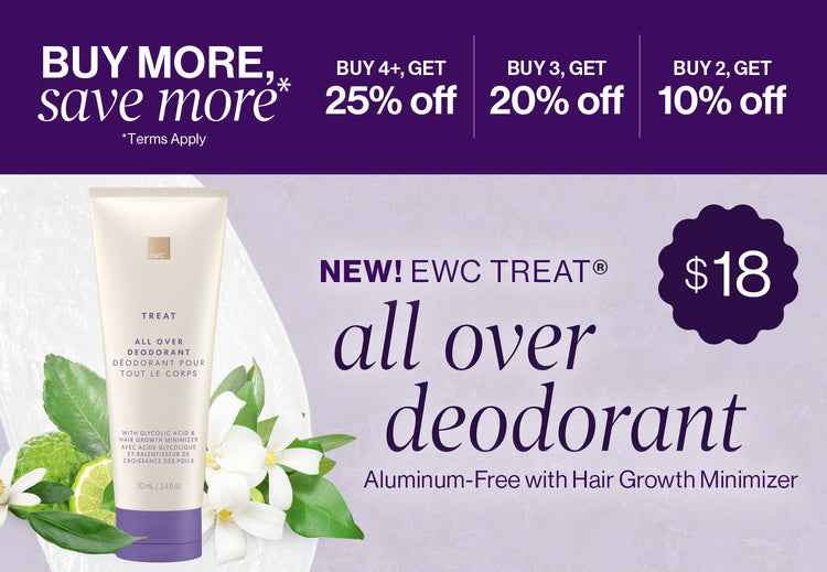 Ad for New EWC Treat All Over Deodorant, $18, aluminum-free with hair growth minimizer. Ad for Buy More, Save More on your in-between routine products promotion: buy 4+, get 25% off; buy 3, get 20% off; buy 2, get 10% off. Terms apply.