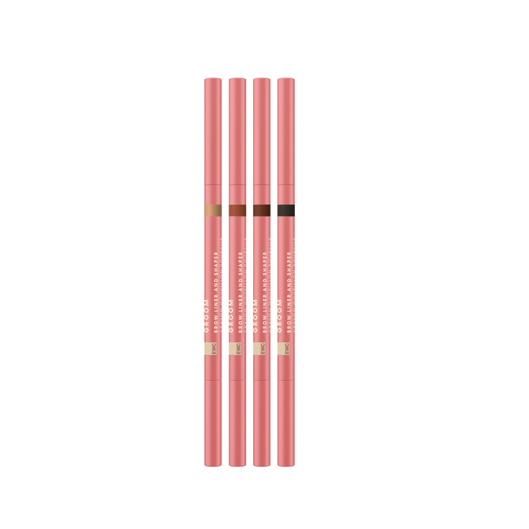 Four pink dual-ended eyebrow pencils with brown color swatch bands and black text, arranged vertically on a plain white background.