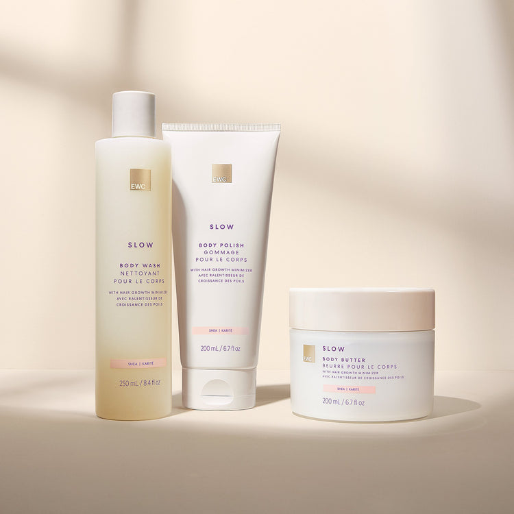 EWC SLOW Shea Product Line. Shown: body wash, body polish and body butter.
