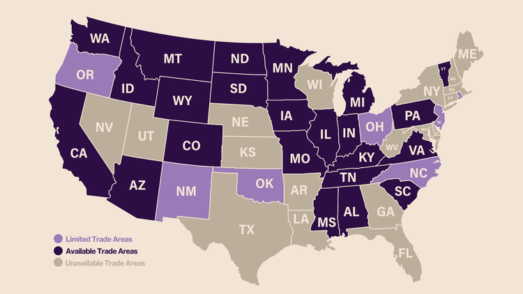 Map of the United States with different states colored to indicate trade areas.