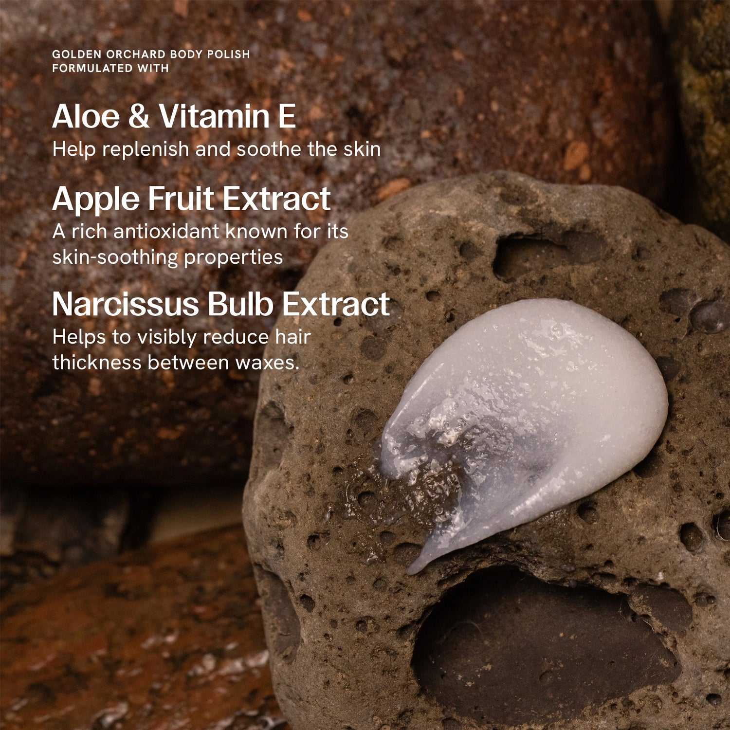 Aloe and vitamin e help replenish and soothe the skin. Apple fruit extract is a rich antioxidant known for its skin soothing properties. Narcissus bulb extract helps visibly reduce hair thickness between waxes. 