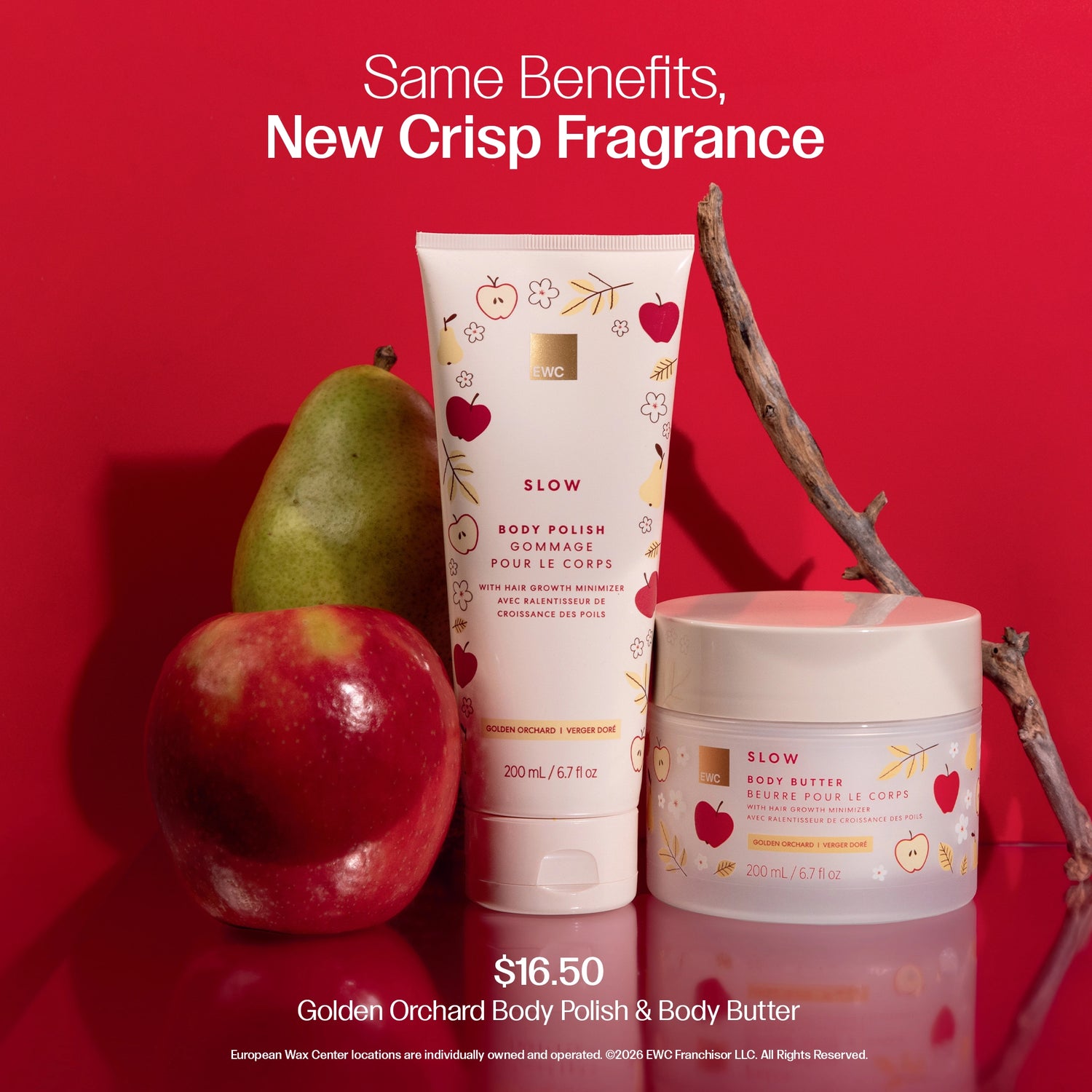 A skincare duo from EWC Fragrance featuring a tube of Golden Orchard Body Polish and Body Butter set against a vibrant red background with fresh fruit props.