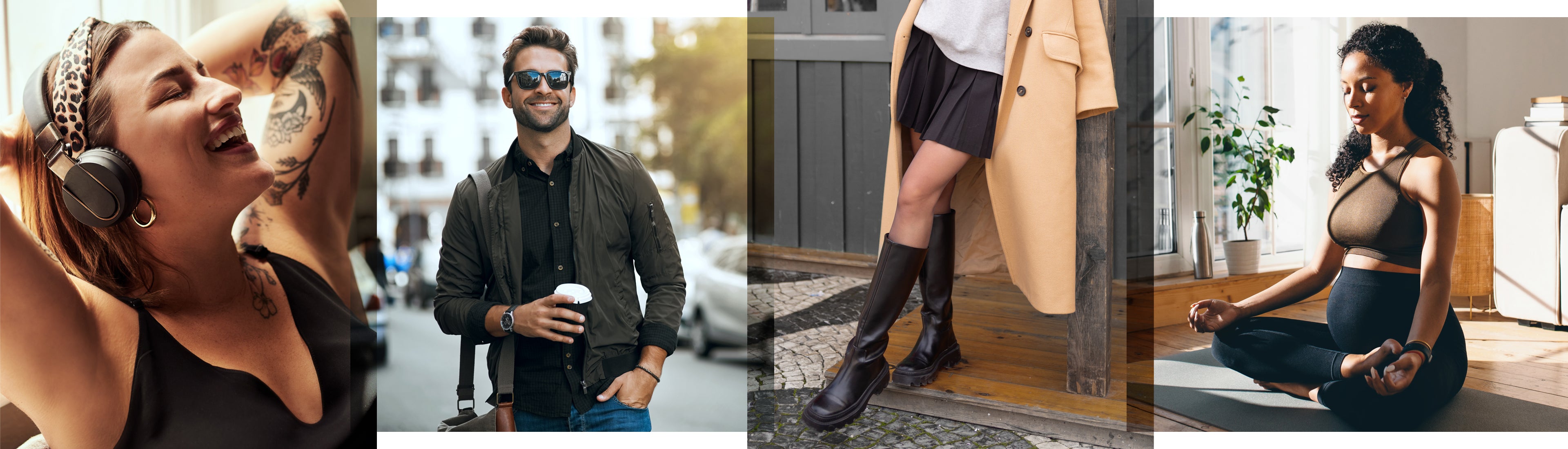 Collage of four different images featuring people in various settings.