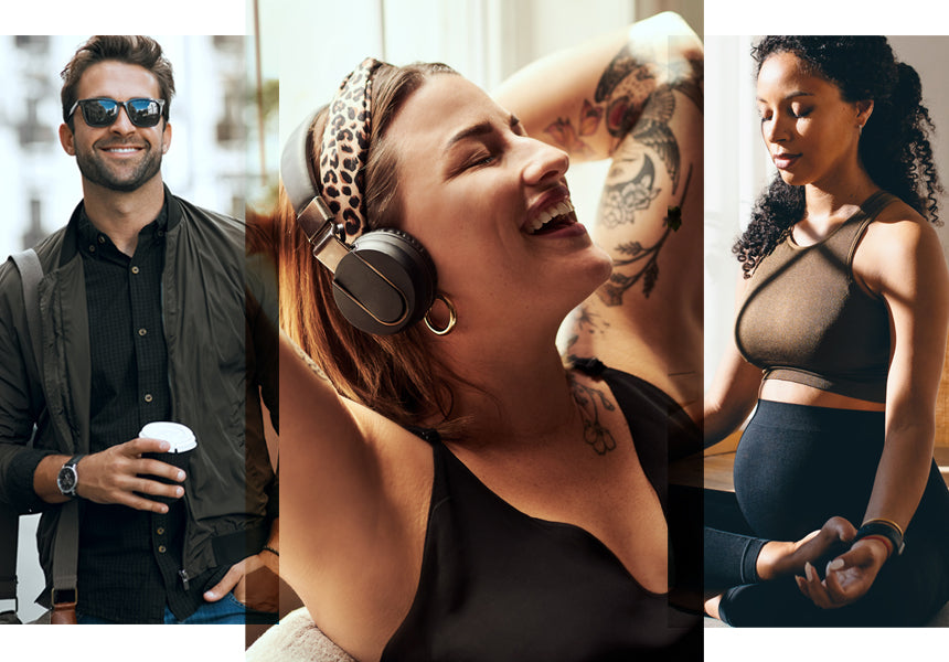 Three people in different settings: a man with sunglasses, a smiling woman in headphones, and a woman in a yoga pose.