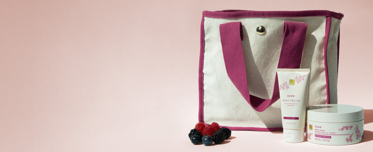 EWC Whipped Berry Kit, depicts body polish, body balm and canvas tote