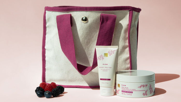 EWC Whipped Berry Kit, depicts body polish, body balm and canvas tote