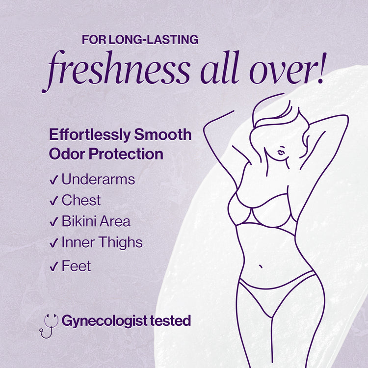 For long-lasting freshness all over! Effortlessly smooth odor protection in: underarms, chest, bikini area, inner thighs, feet. Gynecologist tested.