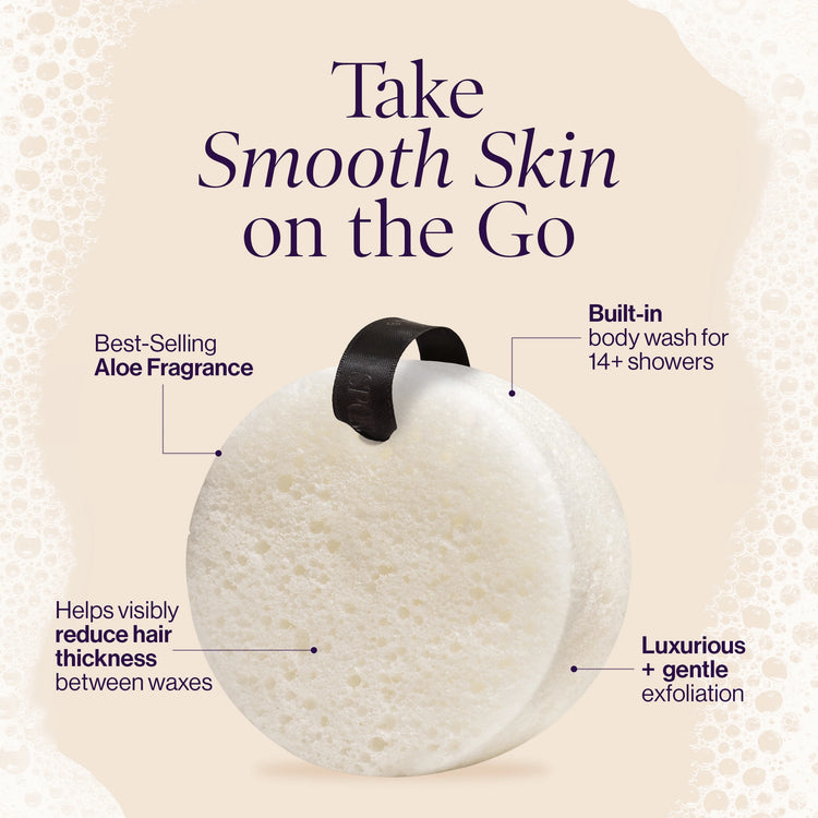 Take smooth skin on the go. The Spongellé for EWC Aloe Body Buffer features our best-selling aloe fragrance and built-in body wash with luxurious and gentle exfoliation for 14+ showers. Helps visibly reduce hair thickness between waxes. 