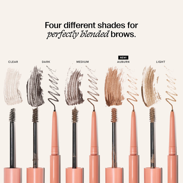 Five eyebrow gels and pencils with corresponding brow swatches above them. Text at the top reads, 'Four different shades for perfectly blended brows.