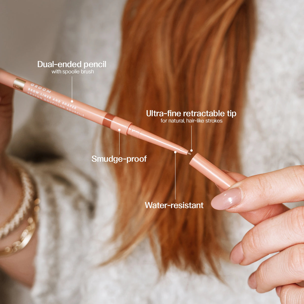 A close-up of a person holding a dual-ended eyebrow pencil, with text callouts describing features like the spoolie brush, retractable tip, smudge-proof formula, and water-resistant finish.