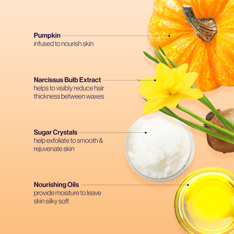 Pumpkin infused to nourish skin. Narcissus Bulb Extract helps visibly reduce thickness between waxes. Sugar crystals help exfoliate and rejuvenate skin. Nourishing oils provide moisture to leave skin silky soft.