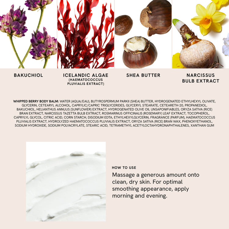 Whipped Berry Body Balm product label with ingredients and usage instructions.