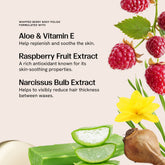 Whipped Berry Body Polish is formulated with: 

Aloe & Vitamin E: help replenish and soothe the skin 

Raspberry Fruit Extract: a rich antioxidant known for its skin-soothing properties

Narcissus Bulb Extract: helps to visibly reduce hair thickness between waxes
