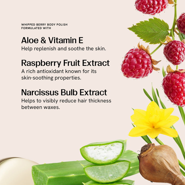 Whipped Berry Body Polish is formulated with: 

Aloe & Vitamin E: help replenish and soothe the skin 

Raspberry Fruit Extract: a rich antioxidant known for its skin-soothing properties

Narcissus Bulb Extract: helps to visibly reduce hair thickness between waxes
