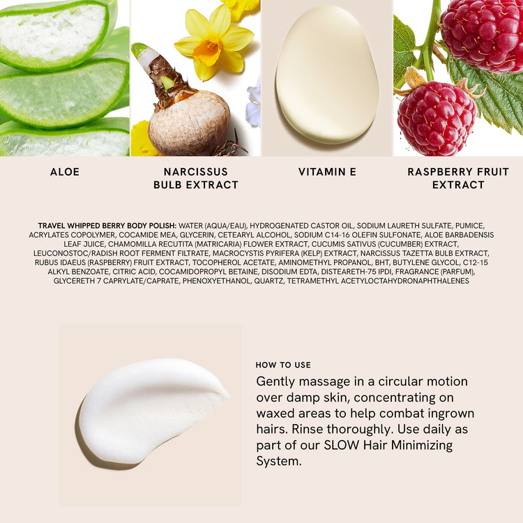 Whipped Berry Body Polish product label with ingredients and usage instructions.