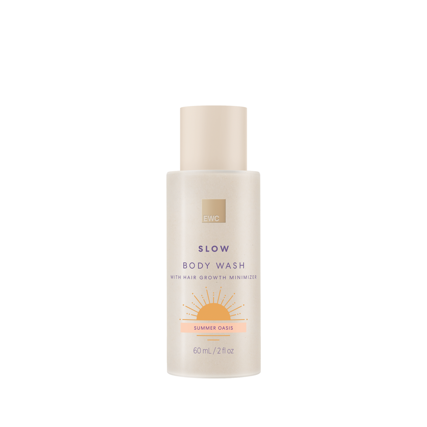 Body wash bottle labeled 'Slow' with 'Summer Oasis' scent on a white background