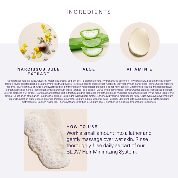 Ingredients and how to use European Wax Center Aloe Body Wash with images of narcissus bulb extract, aloe, and vitamin E on white and light gray background