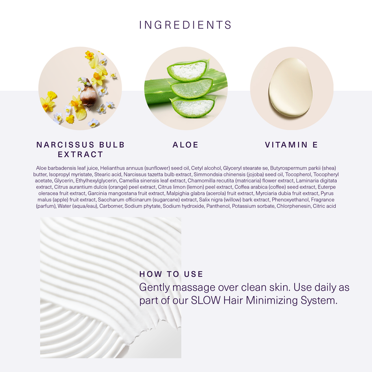 Ingredients and how to use European Wax Center Aloe Lotion with images of narcissus bulb extract, aloe, and vitamin E on white and light gray background