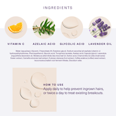 Ingredients and how to use European Wax Center Brightening Ingrown Hair Serum with images of vitamin C, azelaic acid, glycolic acid, and lavender oil on white and light gray background