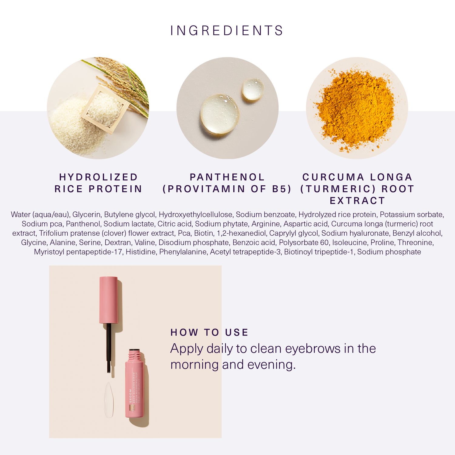 Ingredients and how to use European Wax Center Brow Building Serum with images of hydrolyzed rice protein, panthenol, and curcuma longa (turmeric) extract on white and light gray background