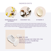 Ingredients and how to use European Wax Center Coconut Body Oil with images of narcissus bulb extract, coconut oil, and vitamin E on white and light gray background