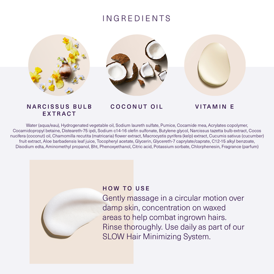 Ingredients and how to use European Wax Center Coconut Body Polish with images of narcissus bulb extract, coconut oil, and vitamin E on white and light gray background