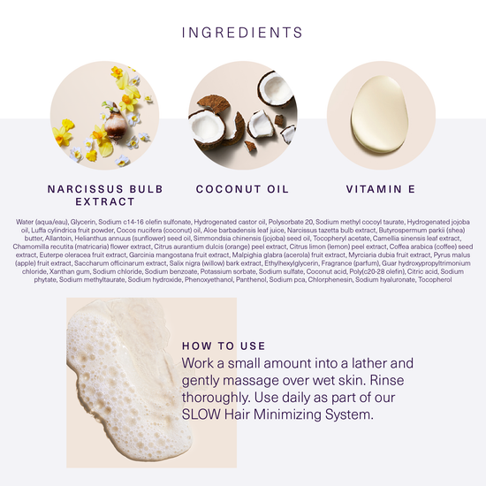Ingredients and how to use European Wax Center Coconut Body Wash with images of narcissus bulb extract, coconut oil, and vitamin E on white and light gray background