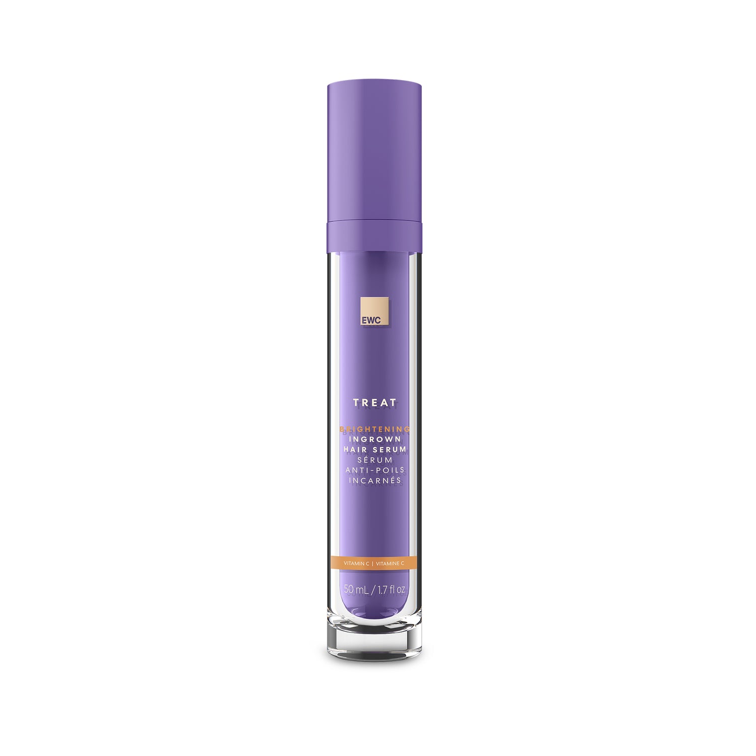 European Wax Center purple Brightening Ingrown Hair Serum tube on white background
