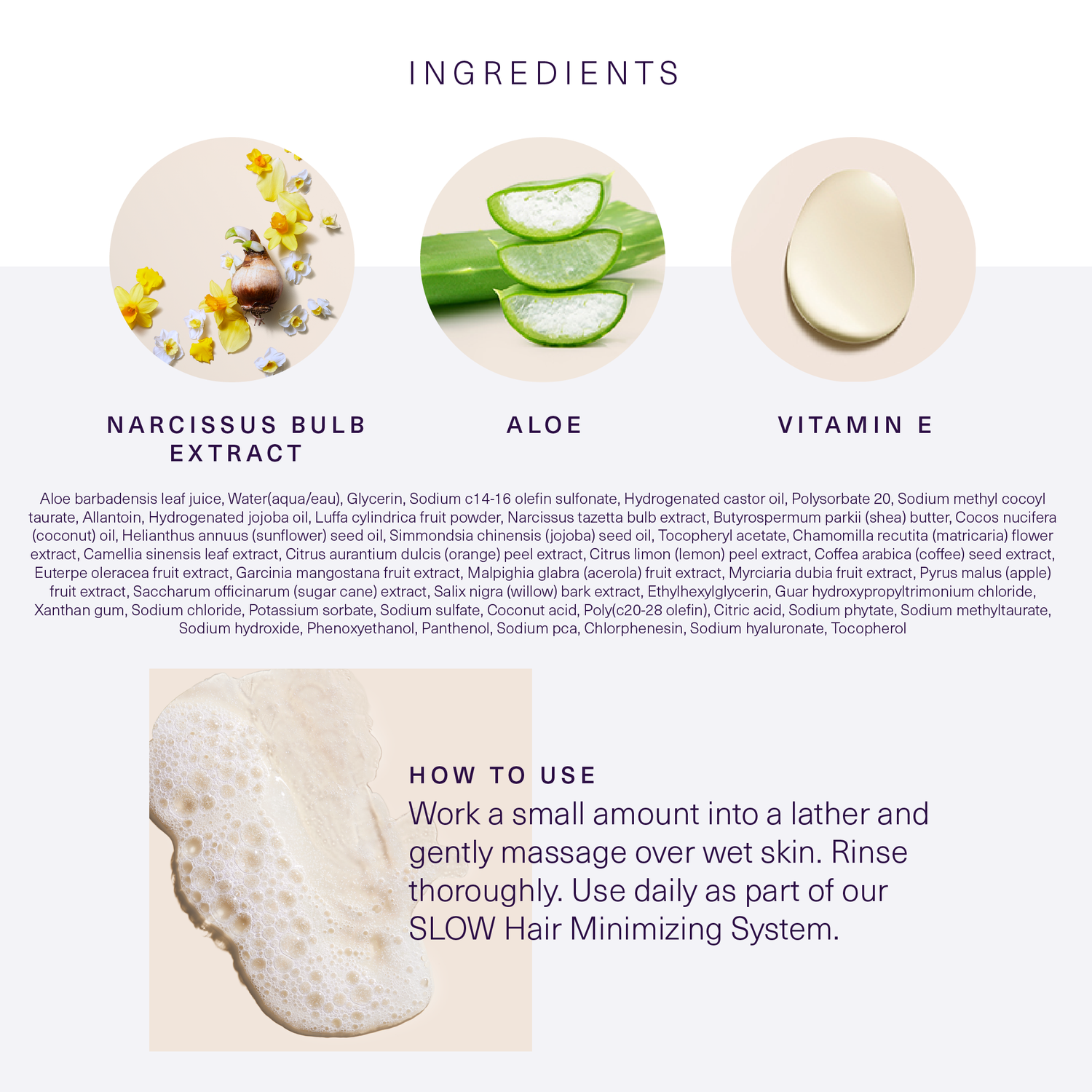 Ingredients and how to use European Wax Center Fragrance Free Body Wash including images of narcissus bulb extract, aloe, and vitamin E on white and gray background
