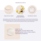 Ingredients and how to use European Wax Center Ingrown Hair Wipes with images of a wipe, salicylic acid, narcissus bulb extract, and glycolic acid in front of a white and light gray background