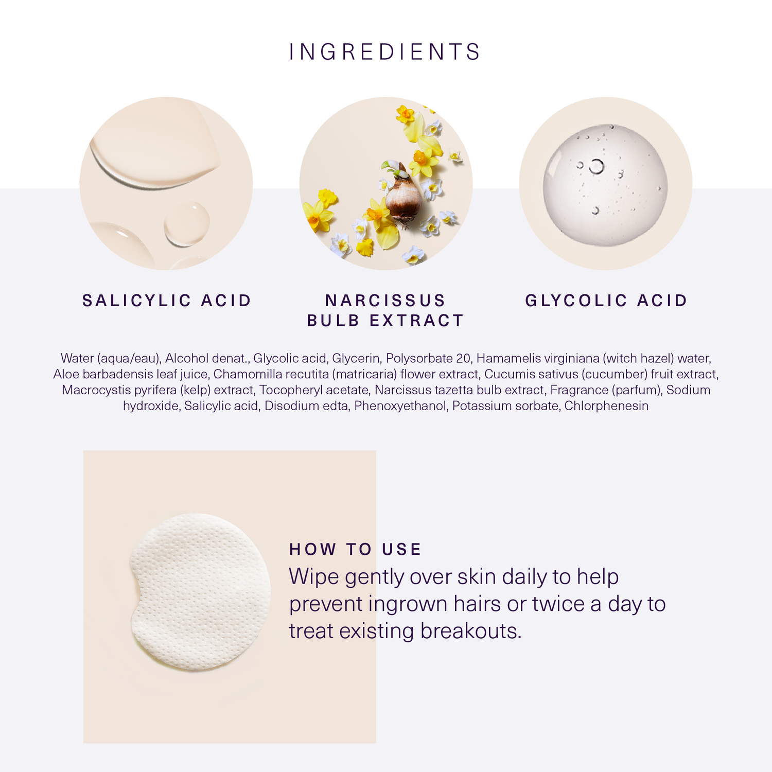 Ingredients and how to use European Wax Center Ingrown Hair Wipes with images of a wipe, salicylic acid, narcissus bulb extract, and glycolic acid in front of a white and light gray background