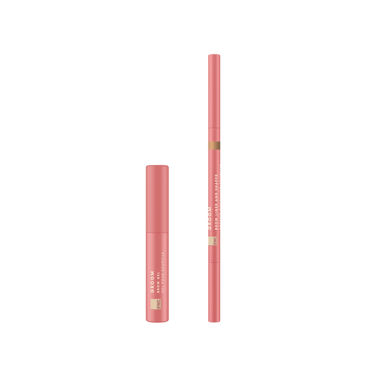 European Wax Center Define and Tame Brow Kit including pink Groom Brow Gel tube and pink Groom Brow Liner and Shaper pencil on transparent background