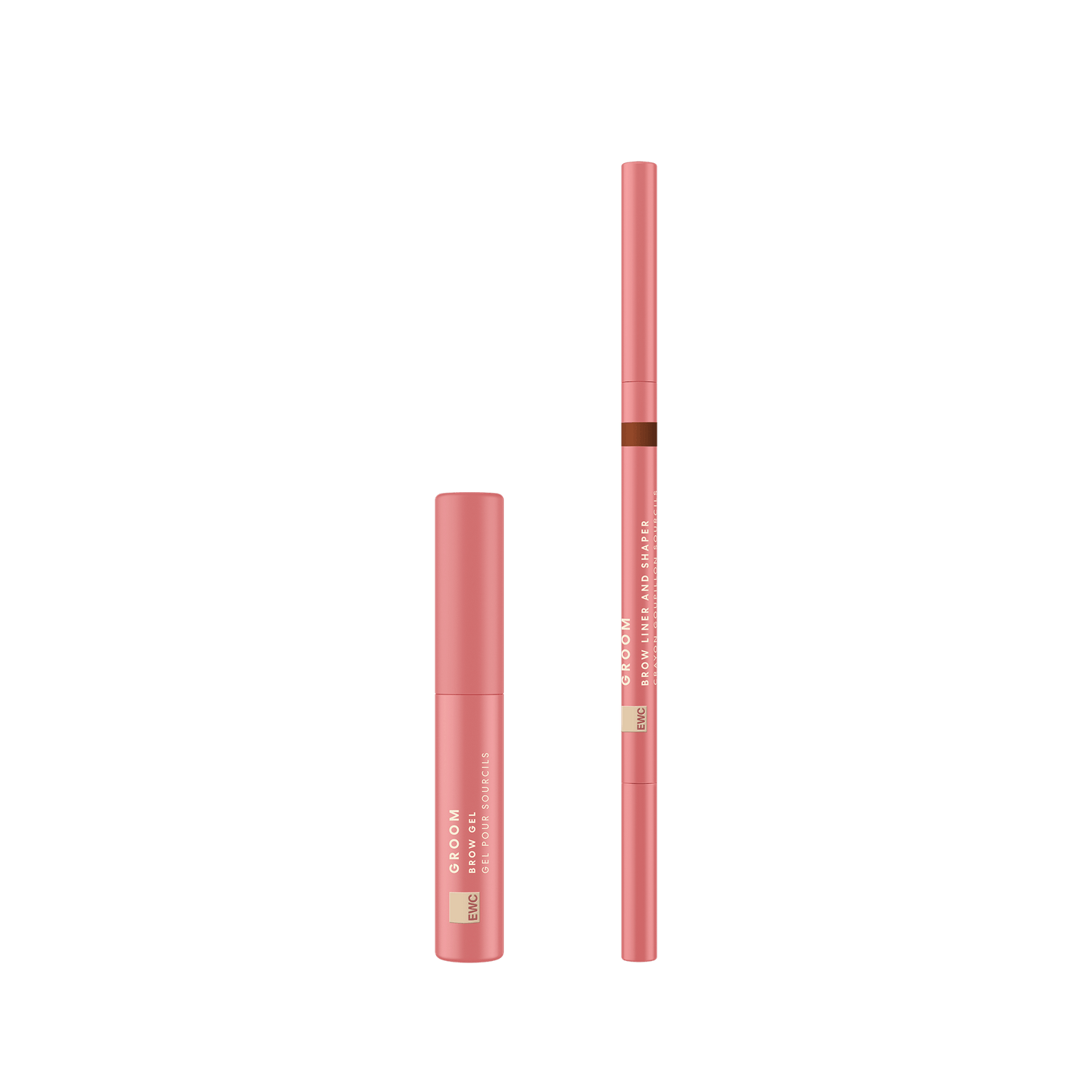 European Wax Center Define and Tame Brow Kit including pink Groom Brow Gel tube and pink Groom Brow Liner and Shaper pencil on transparent background