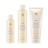 European Wax Center Coconut Hair Minimizing System including cream-colored bottles of Coconut Body Oil, Coconut Body Wash, and Coconut Body Polish on white background 